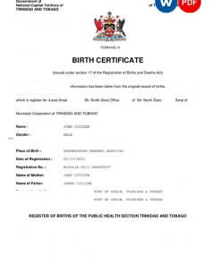 Trinidad & Tobago birth certificate Word and PDF template, completely editable