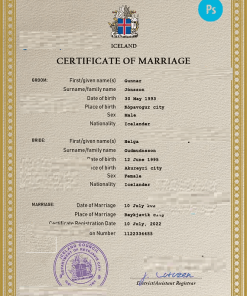 Iceland marriage certificate PSD template, completely editable