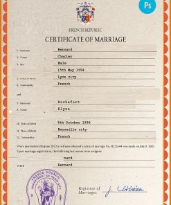 France marriage certificate PSD template, completely editable