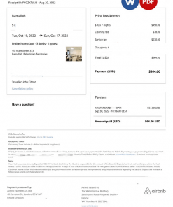 Palestine Airbnb booking confirmation Word and PDF template