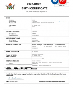Zimbabwe vital record birth certificate Word and PDF template, completely editable