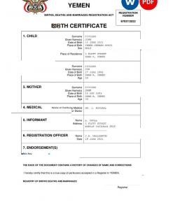 Yemen vital record birth certificate Word and PDF template, completely editable