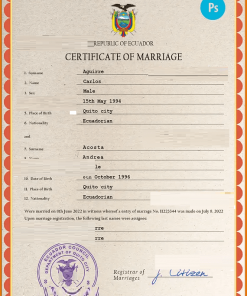 Ecuador marriage certificate PSD template, completely editable