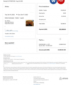 Papua New Guinea Airbnb booking confirmation Word and PDF template