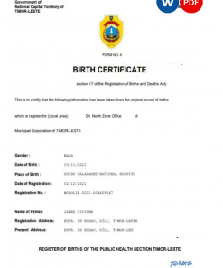Timor-Leste birth certificate Word and PDF template, completely editable