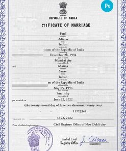 India marriage certificate PSD template, fully editable