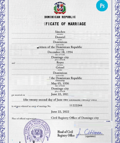 Dominican Republic marriage certificate PSD template, fully editable