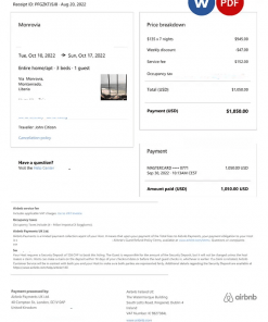 Liberia Airbnb booking confirmation Word and PDF template