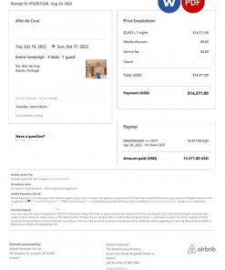 Portugal Airbnb booking confirmation Word and PDF template