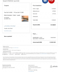 Peru Airbnb booking confirmation Word and PDF template