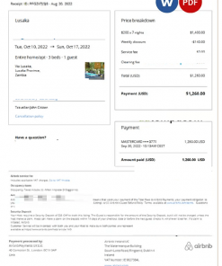 Zambia Airbnb booking confirmation Word and PDF template