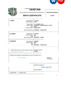 Uzbekistan vital record birth certificate Word and PDF template, completely editable