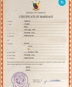 Cameroon marriage certificate PSD template, completely editable