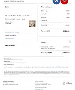 Qatar Airbnb booking confirmation Word and PDF template
