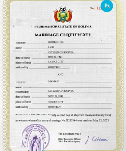 Bolivia marriage certificate PSD template, fully editable