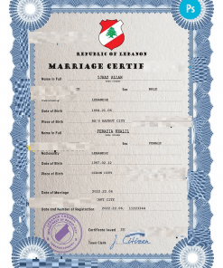 Lebanon marriage certificate PSD template, completely editable