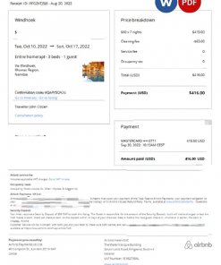 Namibia Airbnb booking confirmation Word and PDF template