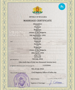 Bulgaria marriage certificate PSD template, completely editable