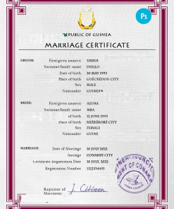 Guniea marriage certificate PSD template, fully editable
