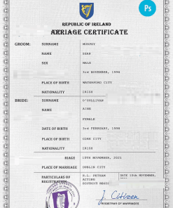 Ireland marriage certificate PSD template, fully editable
