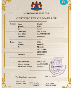 Lesotho marriage certificate PSD template, completely editable