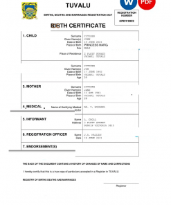 Tuvalu birth certificate Word and PDF template, completely editable