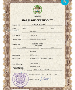 Belize marriage certificate PSD template, fully editable
