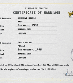 Eswatini marriage certificate PSD template, completely editable