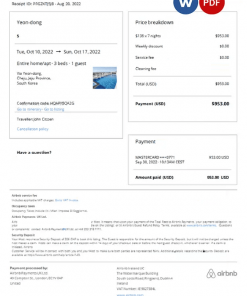 South Korea Airbnb booking confirmation Word and PDF template