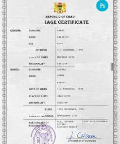Chad marriage certificate PSD template, fully editable