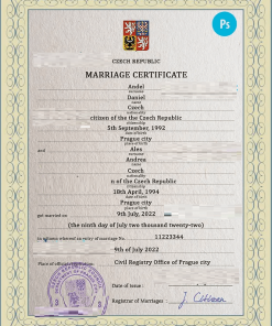 Czechia marriage certificate PSD template, fully editable
