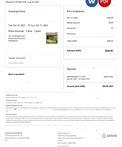 Madagascar Airbnb booking confirmation Word and PDF template