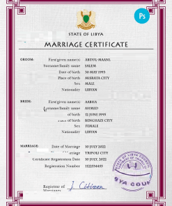 Libya marriage certificate PSD template, completely editable