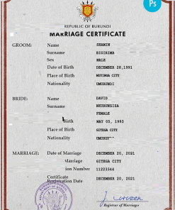 Burundi marriage certificate PSD template, completely editable