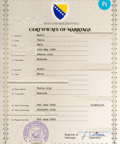 Bosnia and Herzegovina marriage certificate PSD template, completely editable