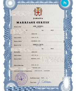 Jamaica marriage certificate PSD template, completely editable