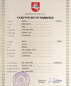 Lithuania marriage certificate PSD template, completely editable