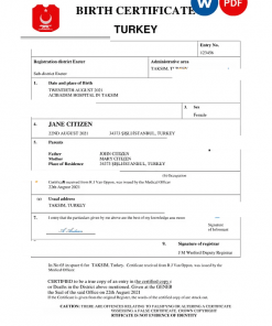 Turkey birth certificate Word and PDF template, completely editable