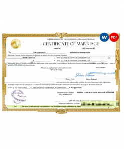 Afghanistan marriage certificate Word and PDF template, completely editable