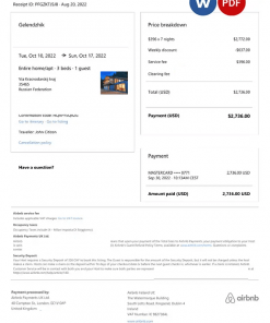 Russia Airbnb booking confirmation Word and PDF template