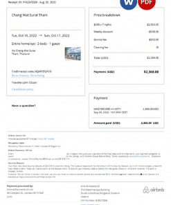 Thailand Airbnb booking confirmation Word and PDF template