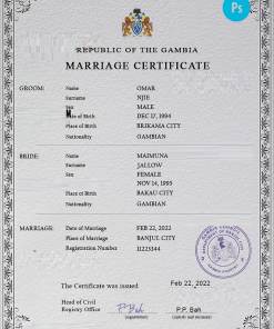 Gambia marriage certificate PSD template, completely editable