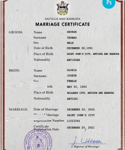 Antigua and Barbuda marriage certificate PSD template, completely editable