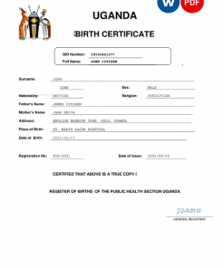 Uganda birth certificate Word and PDF template, completely editable