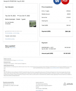 Salvador Airbnb booking confirmation Word and PDF template