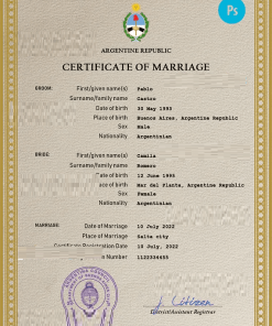 Argentina marriage certificate PSD template, fully editable
