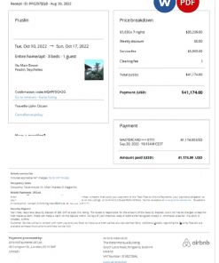 Seychelles Airbnb booking confirmation Word and PDF template
