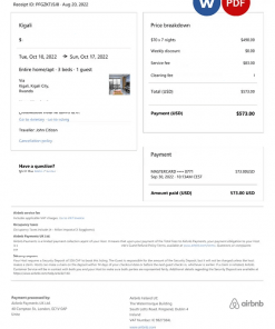 Rwanda Airbnb booking confirmation Word and PDF template