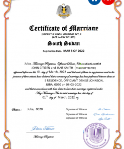 South Sudan marriage certificate Word and PDF template, completely editable