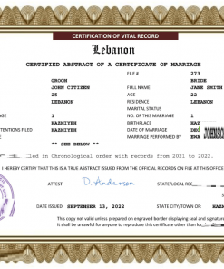 Lebanon marriage certificate Word and PDF template, completely editable